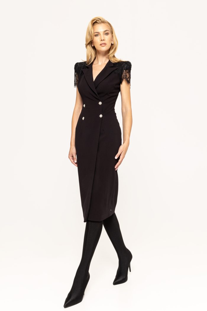 NIssa double breasted coat dress in black with lace sleeve