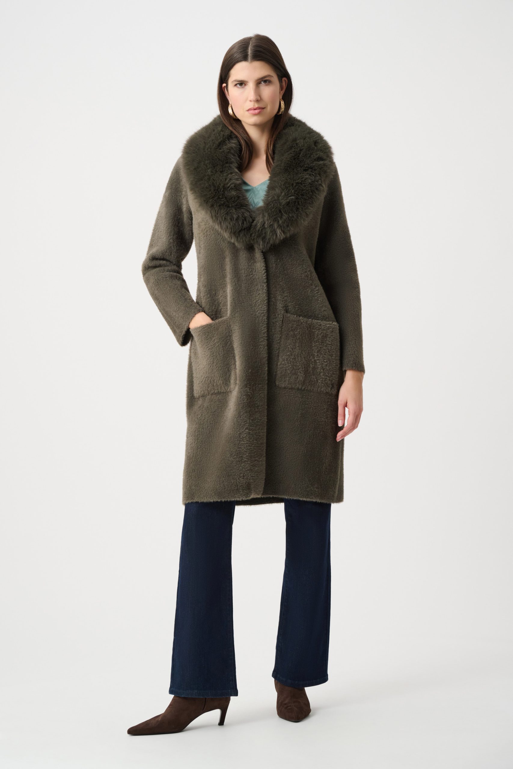 Joseph Ribkoff coat in Avacado with detachable faux fur collar